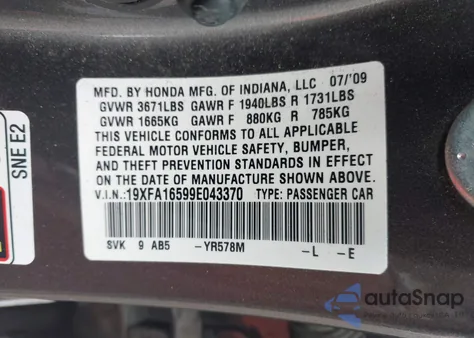 2009 Honda Civic Lx z USA, uszkodzony, nr VIN 19XFA16599E043370